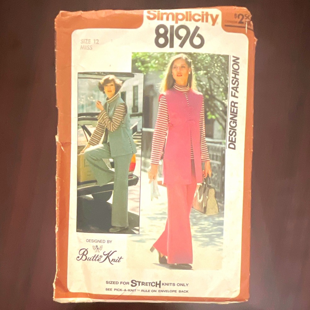 Simplicity 8196 Misses Tunic Pants Vest Sewing Pattern Vintage 1977 Size 12